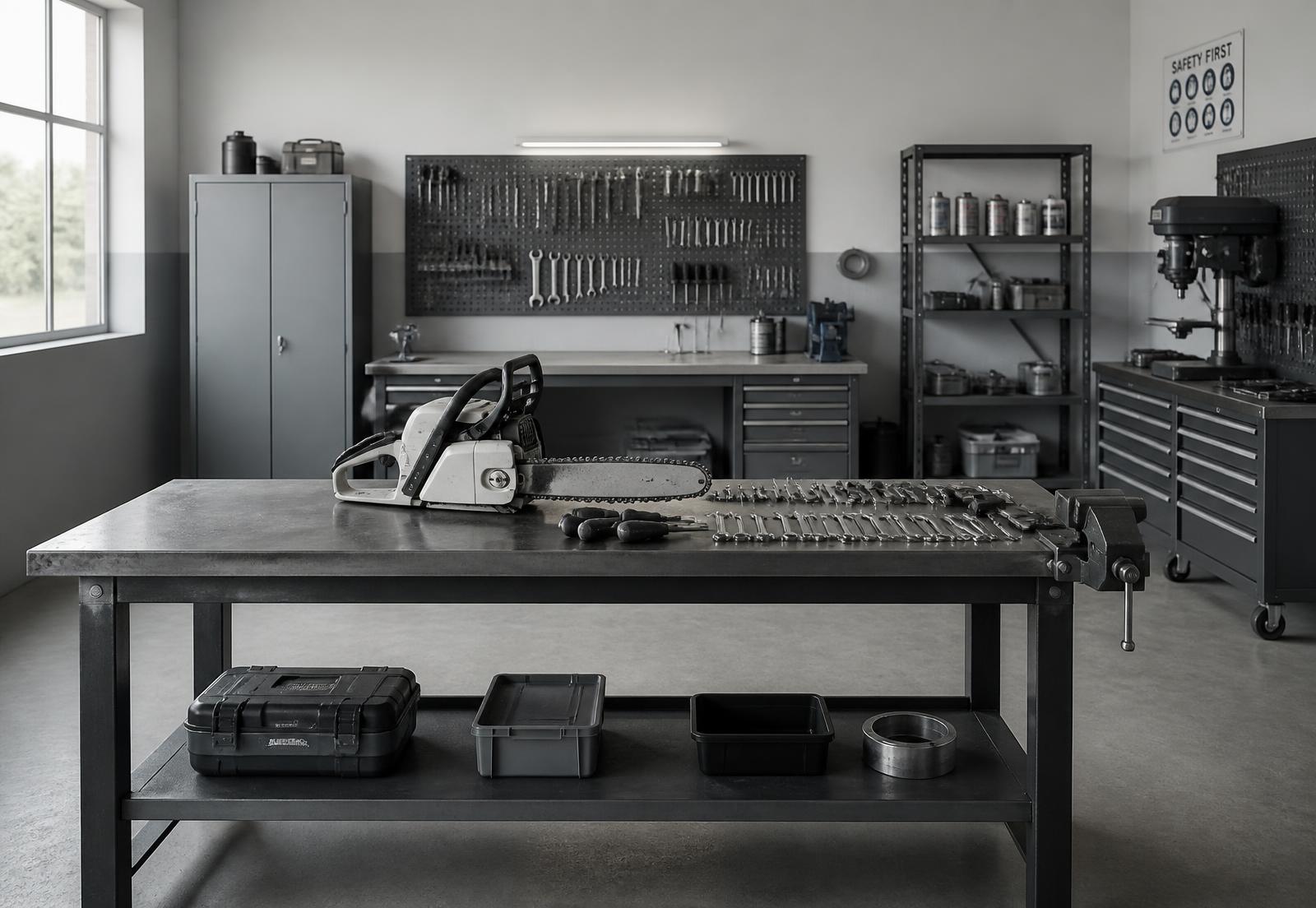 Ren och välorganiserad verkstad med motorsåg och verktyg på arbetsbänk